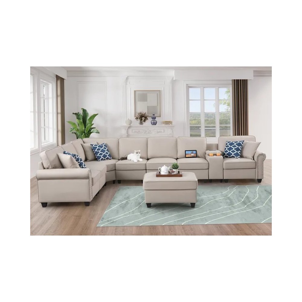 Ella Faux Leather Modular Sectional Sofa with ottoman and cupholder console. Picture 11