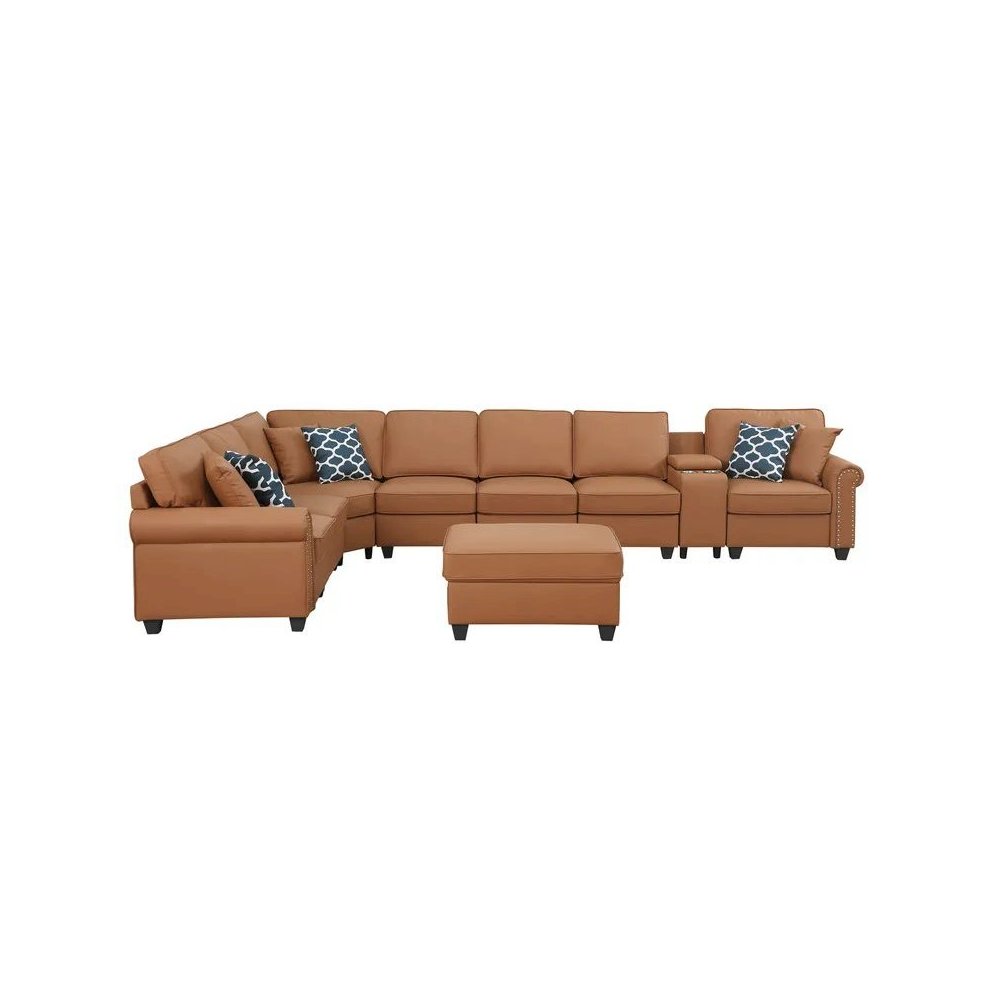 Ella Faux Leather Modular Sectional Sofa with ottoman and cupholder console. Picture 1
