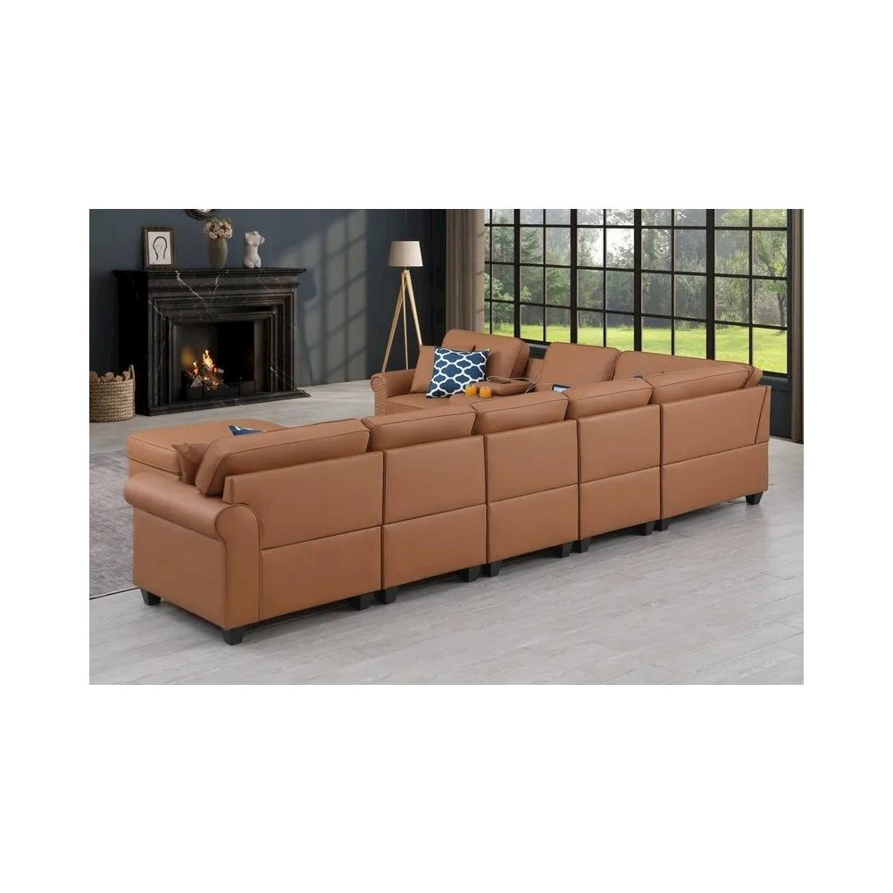Ella Faux Leather Modular Sectional Sofa with ottoman and cupholder console. Picture 7