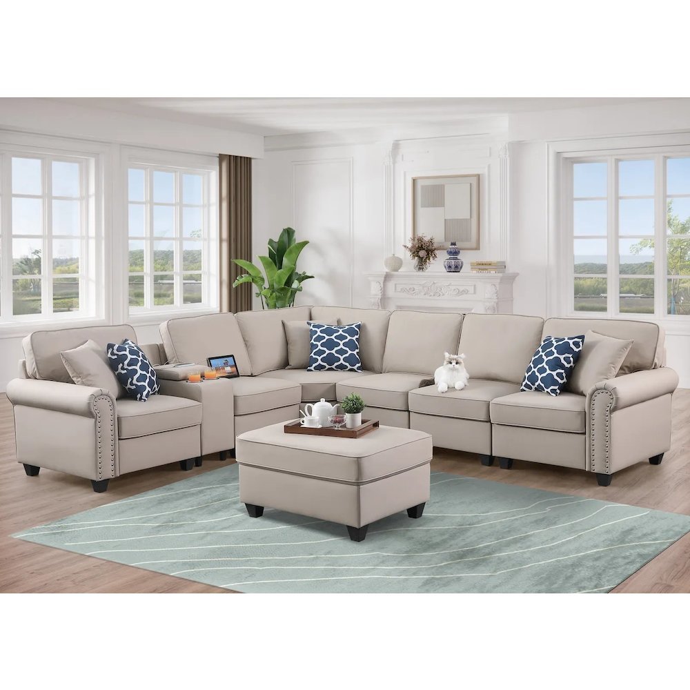 Artificial Leather Modular Sectional Sofa with ottoman and cupholder console. Picture 6