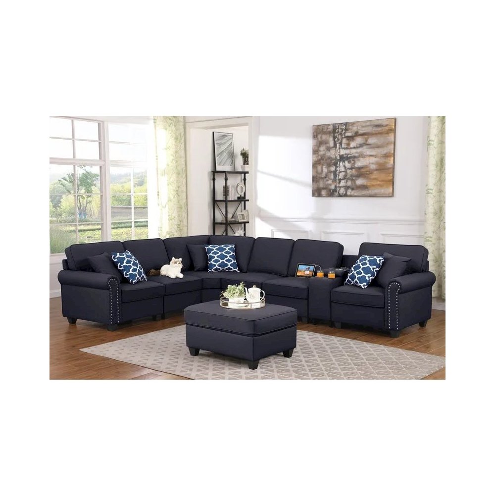 Artificial Leather Modular Sectional Sofa with ottoman and cupholder console. Picture 11