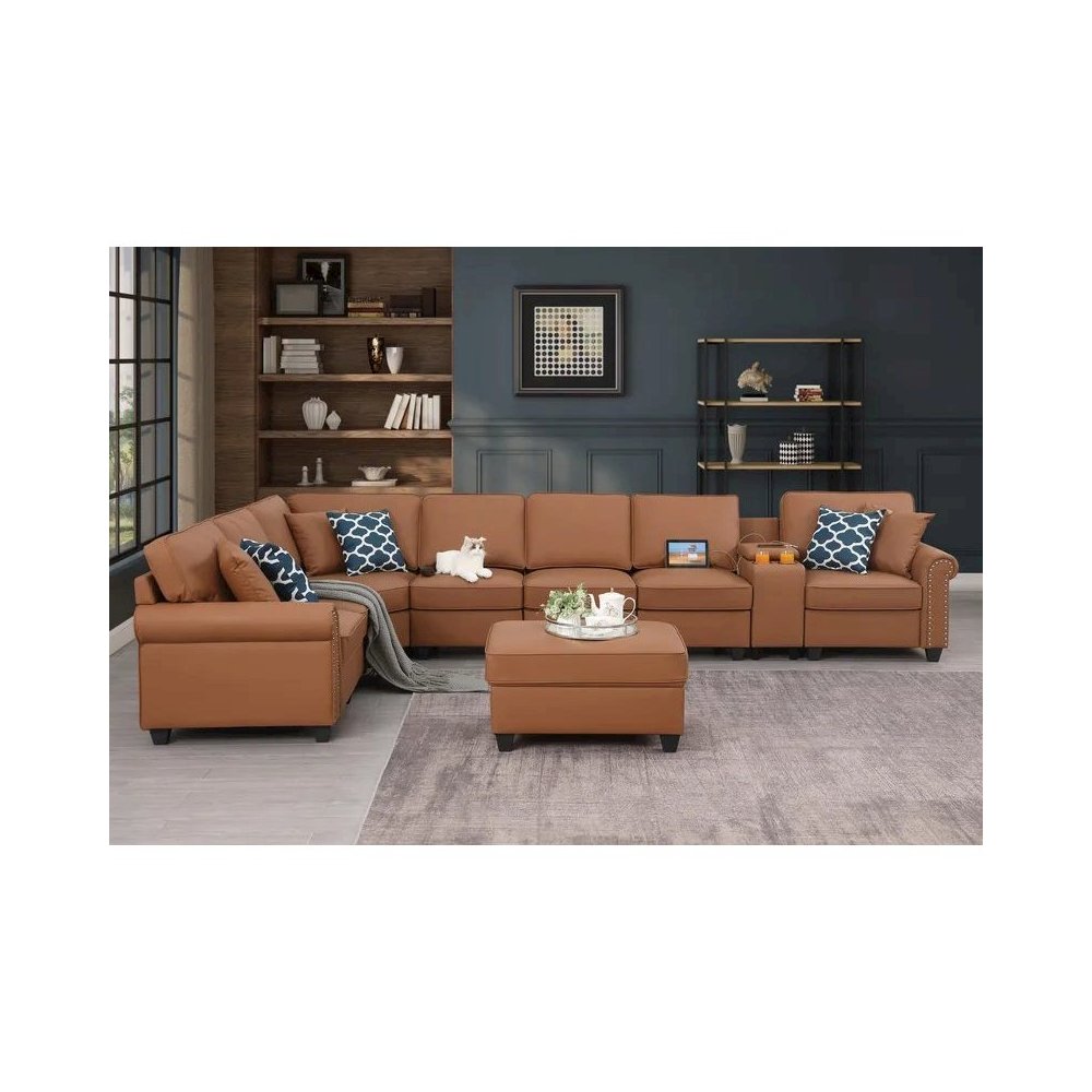 Ella Faux Leather Modular Sectional Sofa with ottoman and cupholder console. Picture 11