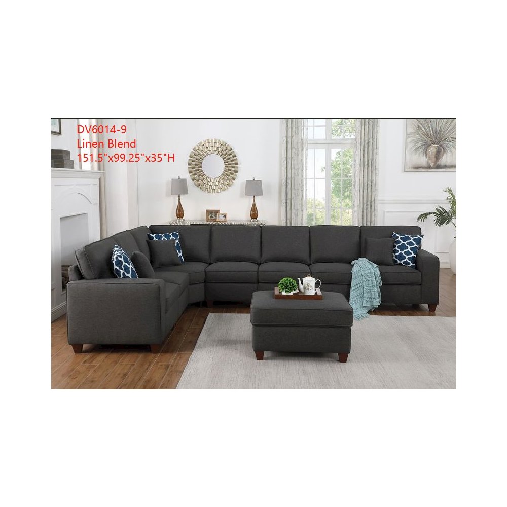 Devion Furniture 8-Piece Upholstered Fabric Sectional with Ottoman in Gray. Picture 2