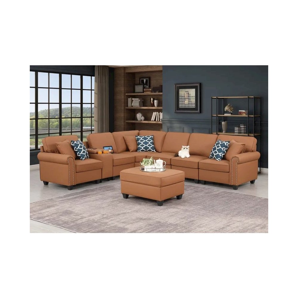 Artificial Leather Modular Sectional Sofa with ottoman and cupholder console. Picture 6
