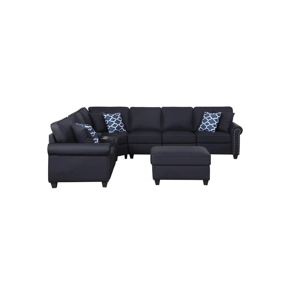 Artificial Leather Modular Sectional Sofa with ottoman and cupholder console. Picture 5