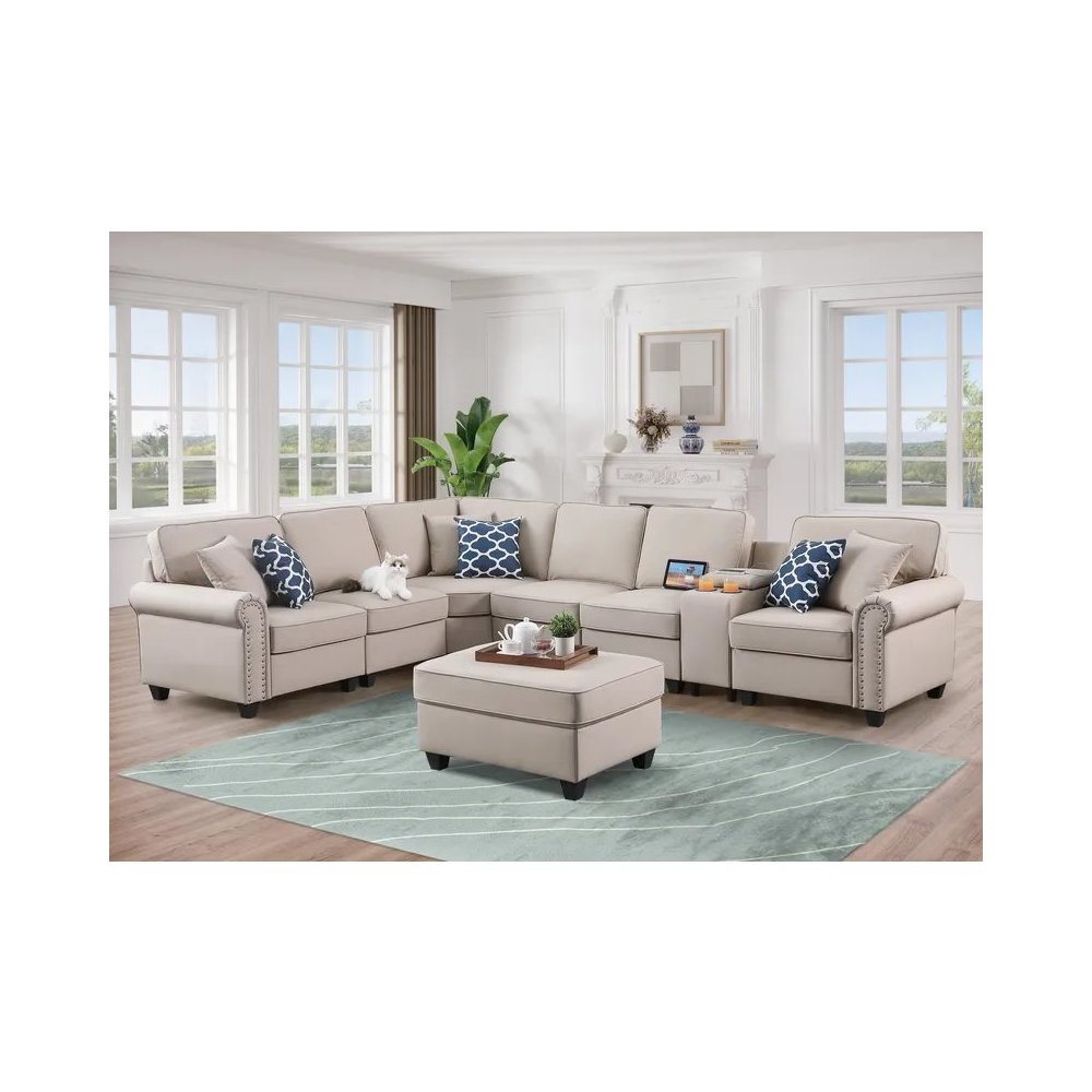 Artificial Leather Modular Sectional Sofa with ottoman and cupholder console. Picture 10