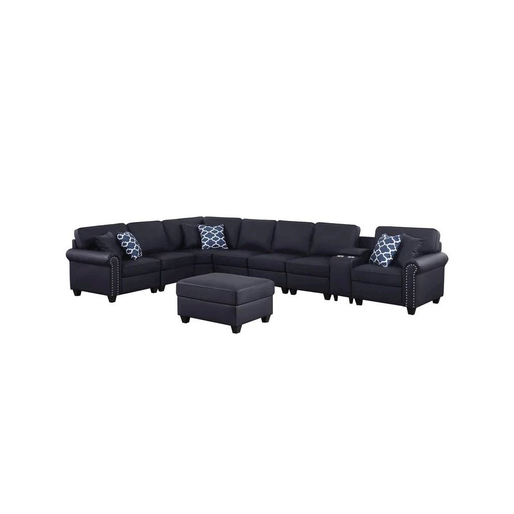 Ella Faux Leather Modular Sectional Sofa with ottoman and cupholder console. Picture 9