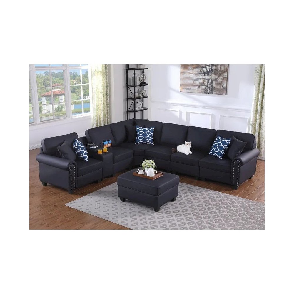 Artificial Leather Modular Sectional Sofa with ottoman and cupholder console. Picture 9