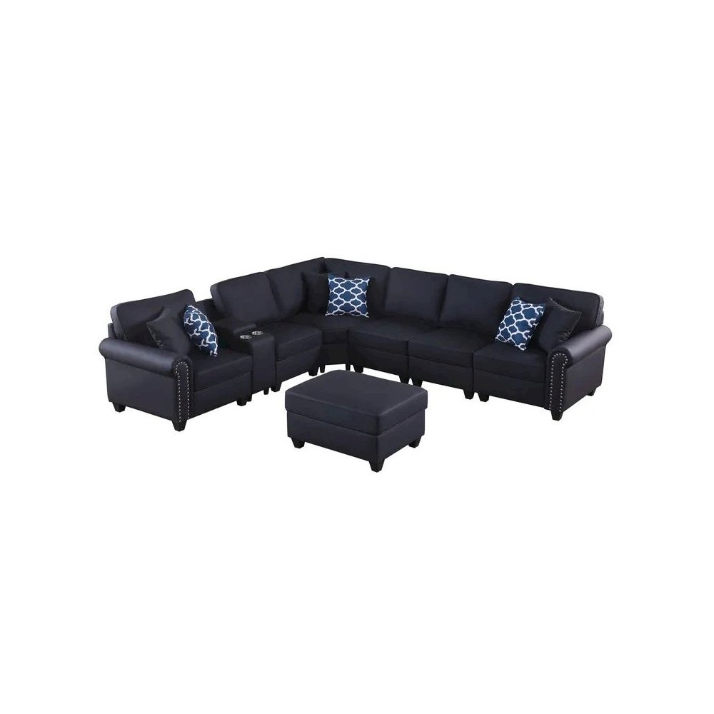 Artificial Leather Modular Sectional Sofa with ottoman and cupholder console. Picture 2
