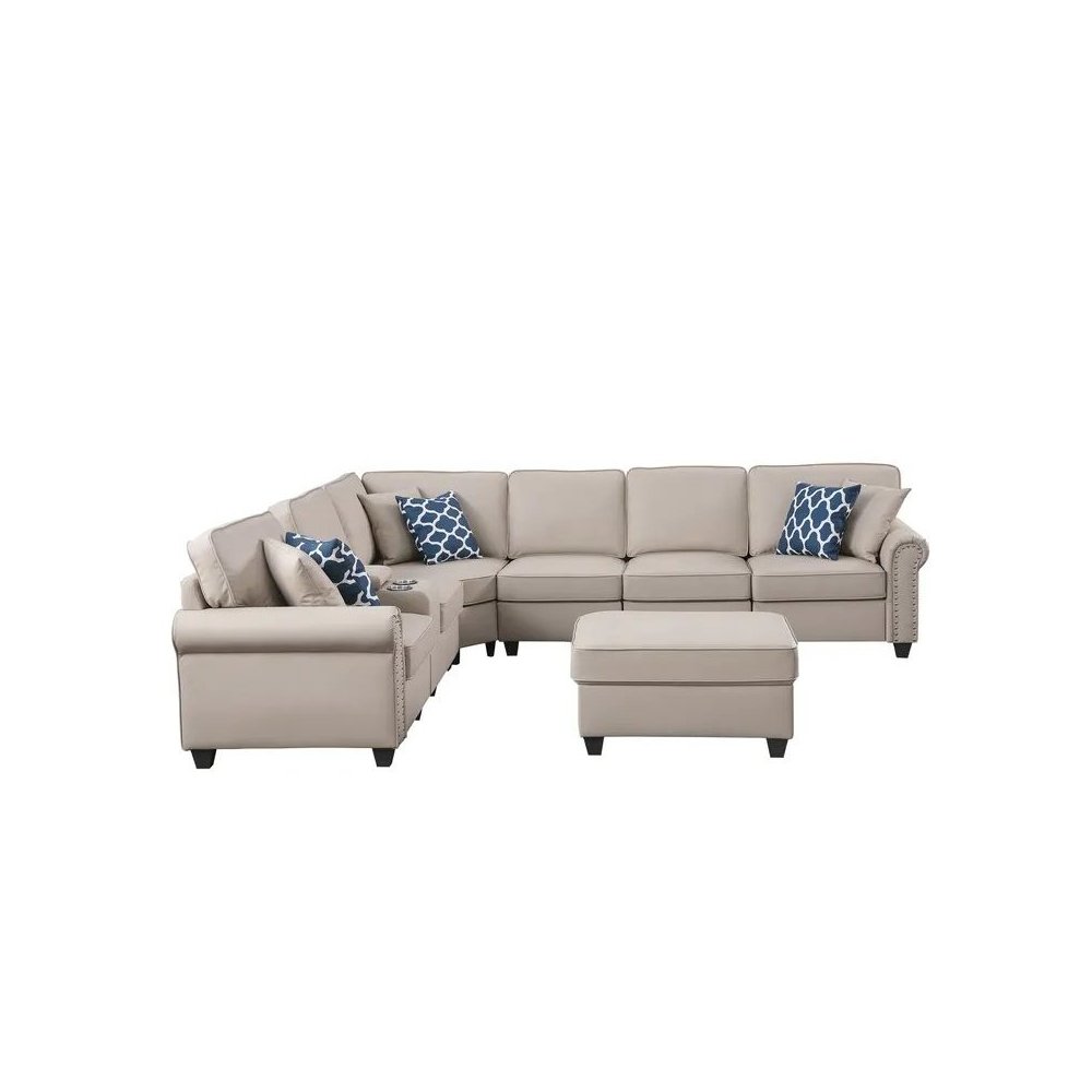 Artificial Leather Modular Sectional Sofa with ottoman and cupholder console. Picture 4