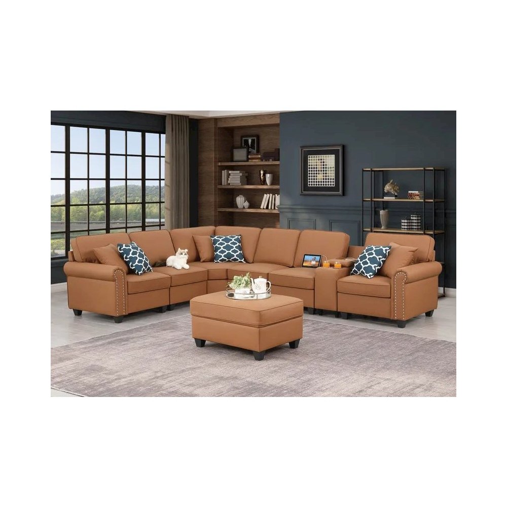 Artificial Leather Modular Sectional Sofa with ottoman and cupholder console. Picture 10