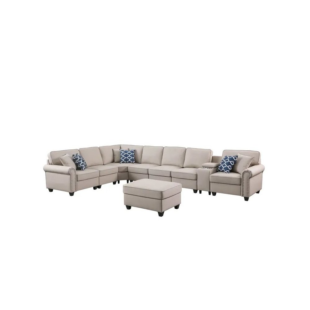 Ella Faux Leather Modular Sectional Sofa with ottoman and cupholder console. Picture 5