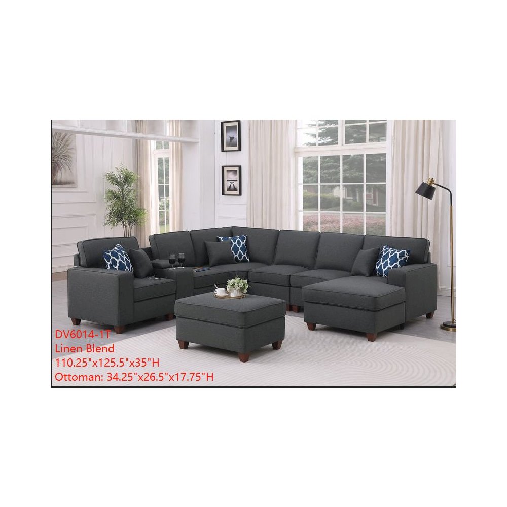 8-Piece Linen Fabric Upholstered Sectional With Console & Chaise-Dark Gray. Picture 1