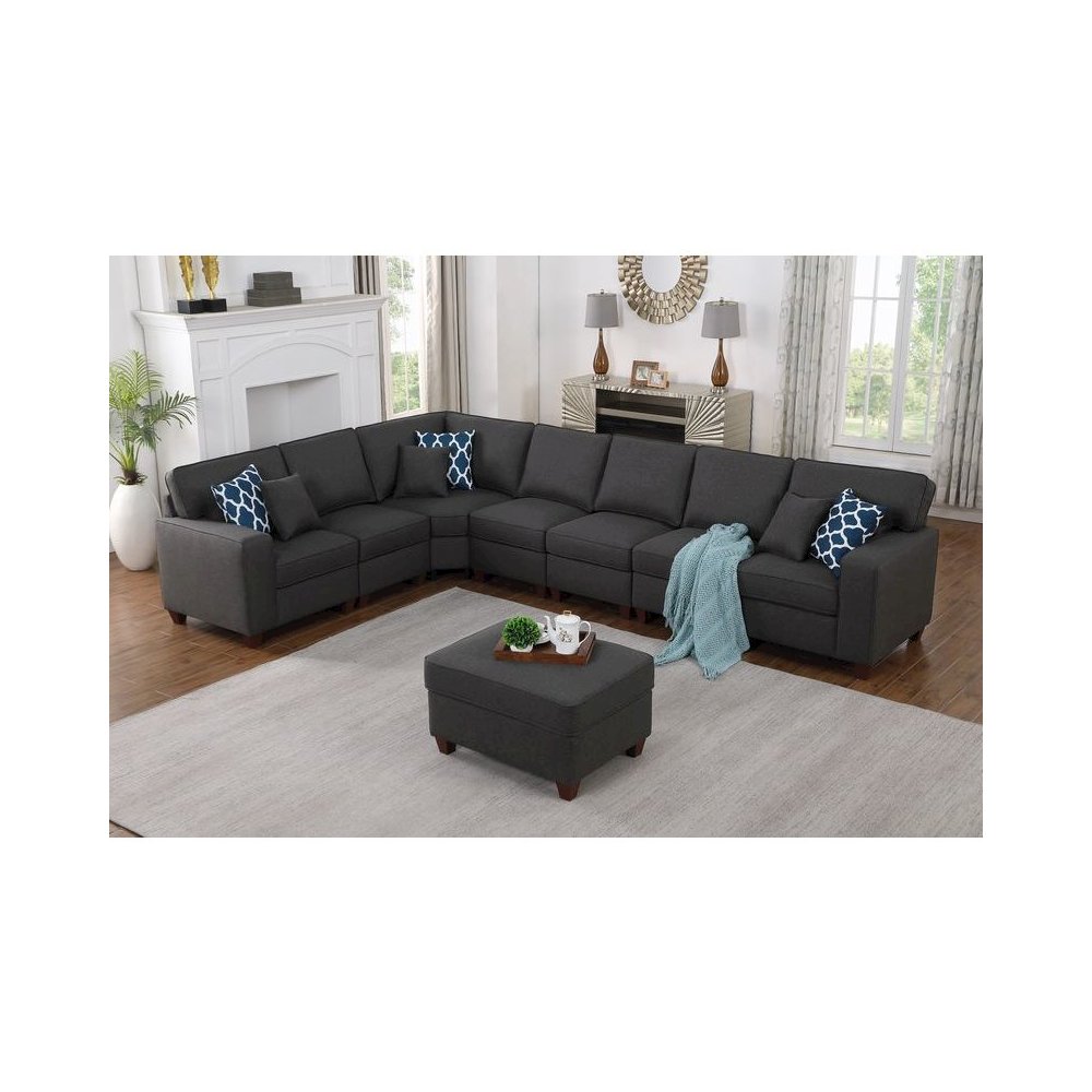 Devion Furniture 8-Piece Upholstered Fabric Sectional with Ottoman in Gray. Picture 1