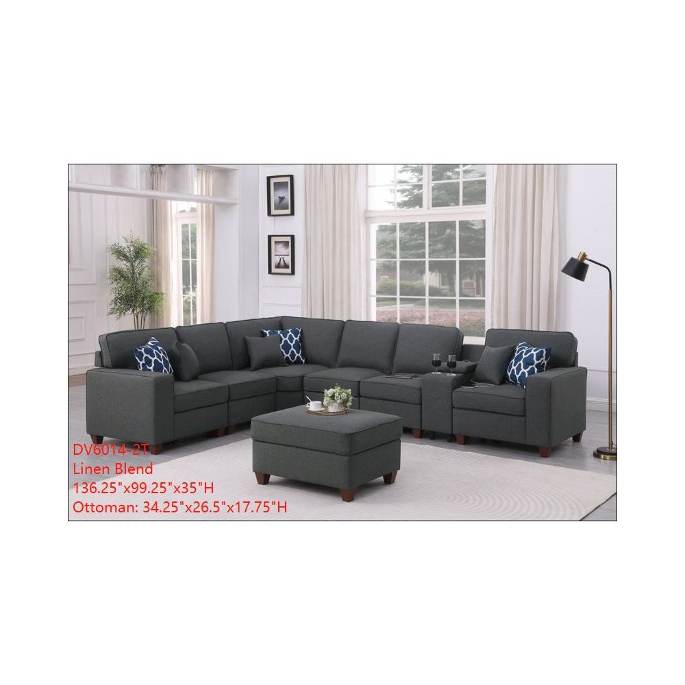 8-Piece Linen Fabric Upholstered Sectional With Console & Ottoman-Dark Gray. Picture 2