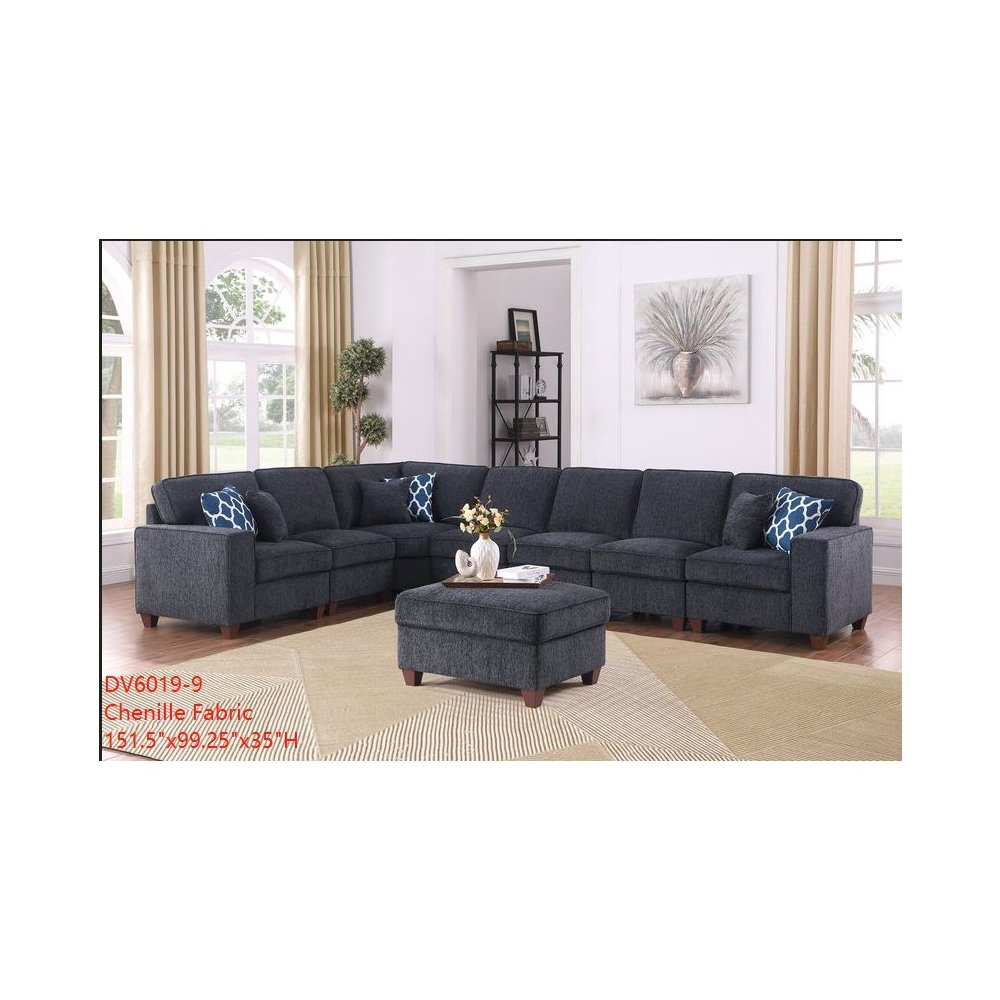 Devion Furniture 8-Piece Upholstered Modern Chenille Sectional in Black. Picture 1