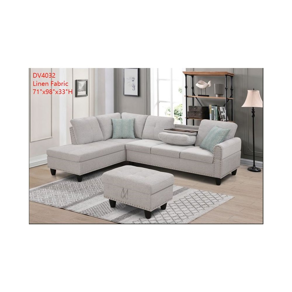 Devion Furniture Polyester Fabric Sectional Sofa with Ottoman-Light Gray. Picture 1