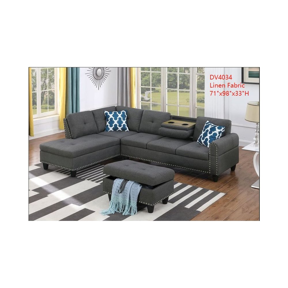 Devion Furniture Polyester Fabric Sectional Sofa with Ottoman-Gray. Picture 2