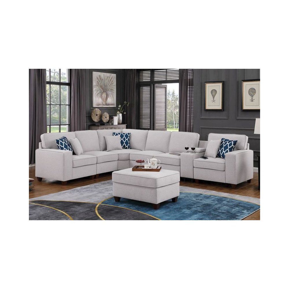 8-Piece Linen Fabric Upholstered Sectional With Console & Ottoman-Light Gray. Picture 2