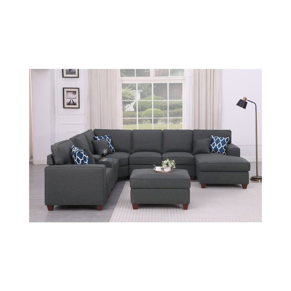 8-Piece Linen Fabric Upholstered Sectional With Console & Chaise-Dark Gray. Picture 2