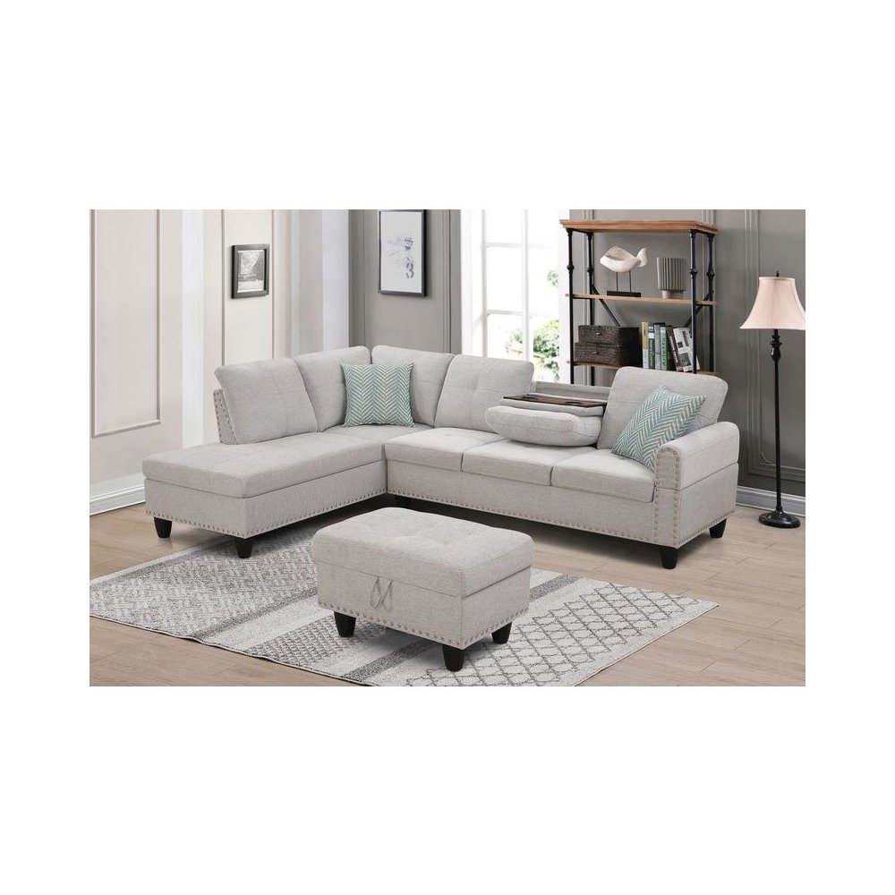 Devion Furniture Polyester Fabric Sectional Sofa with Ottoman-Light Gray. Picture 2