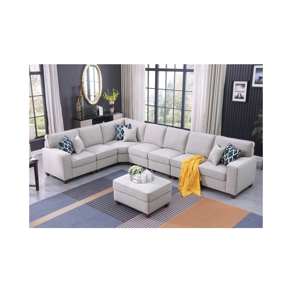 Devion Furniture 8-Piece Upholstered Fabric Sectional with Ottoman in Light Gray. Picture 1