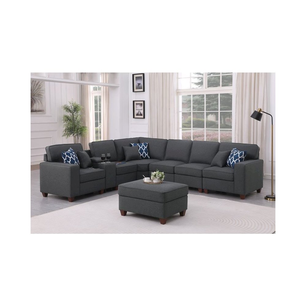 8-Piece Linen Fabric Upholstered Sectional With Console & Ottoman-Dark Gray. Picture 1
