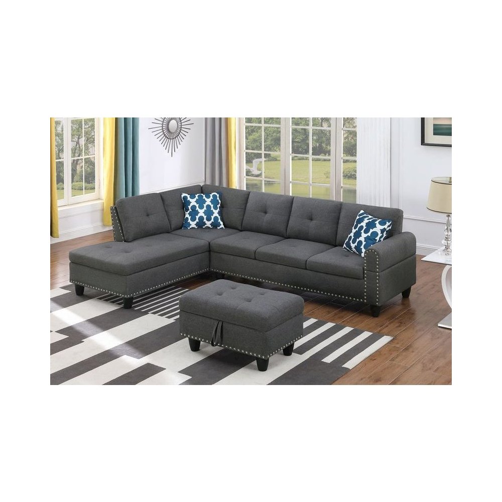 Devion Furniture Polyester Fabric Sectional Sofa with Ottoman-Gray. Picture 1
