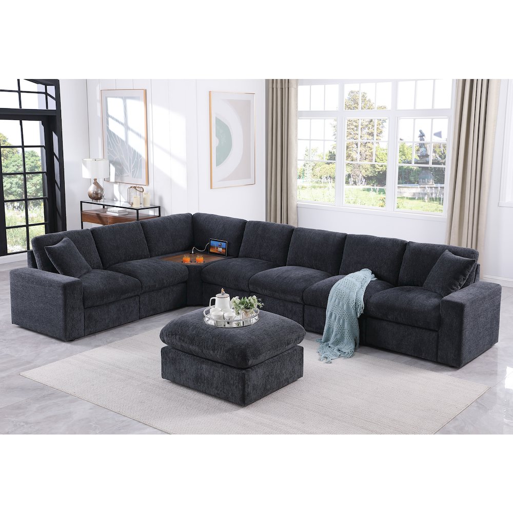 Sectional Sofa With Console, Corner Table And Ottoman- Dark Gray Chenille. Picture 1