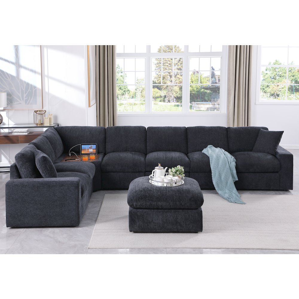 Sectional Sofa With Console, Corner Table And Ottoman- Dark Gray Chenille. Picture 2