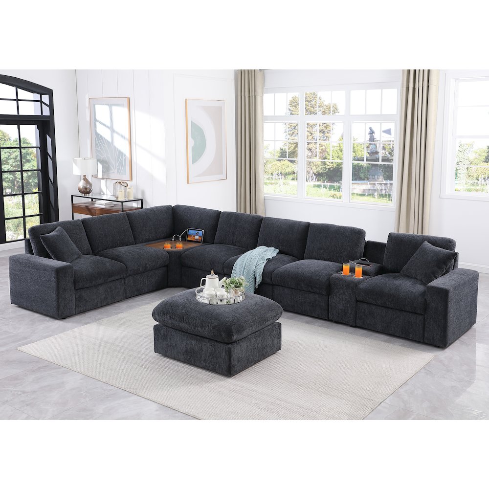 Sectional Sofa With Table Cupholder Console, Ottoman - Dark Gray Chenille. Picture 2