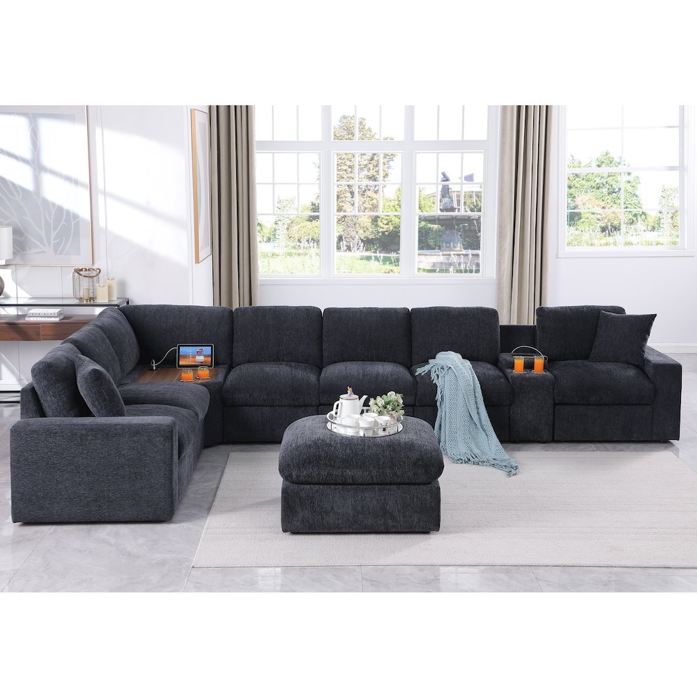 Sectional Sofa With Table Cupholder Console, Ottoman - Dark Gray Chenille. Picture 1
