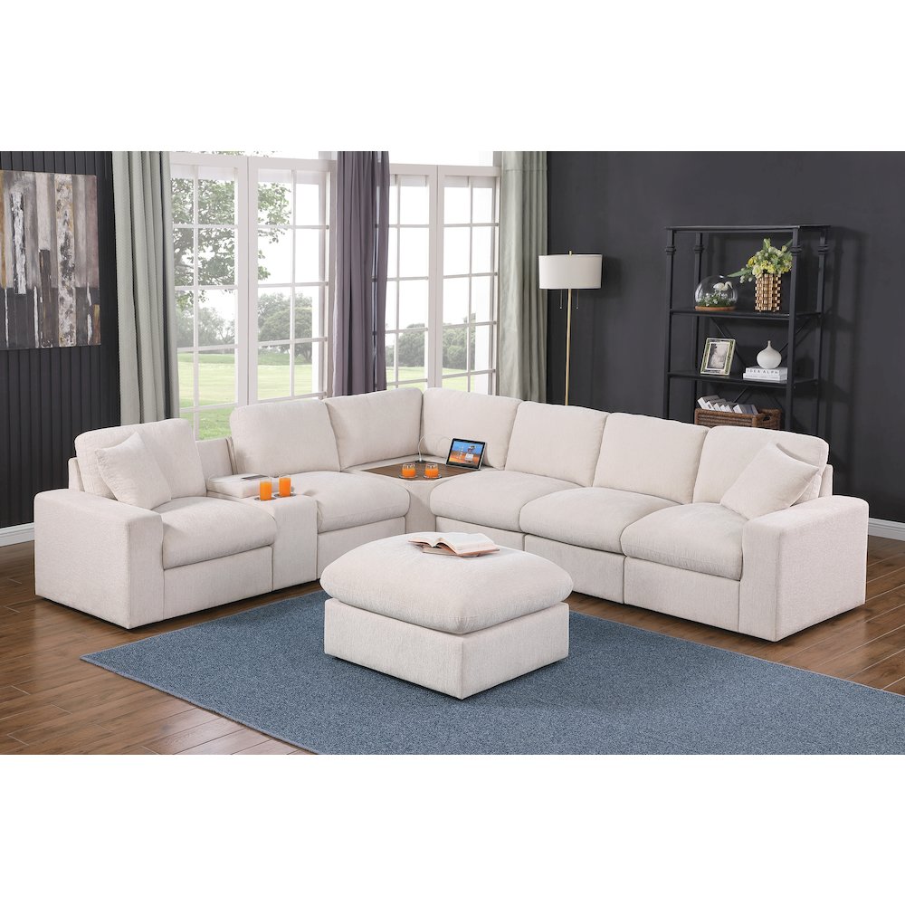 Sectional Sofa With Console, Corner Table And Ottoman- Beige Chenille. Picture 3