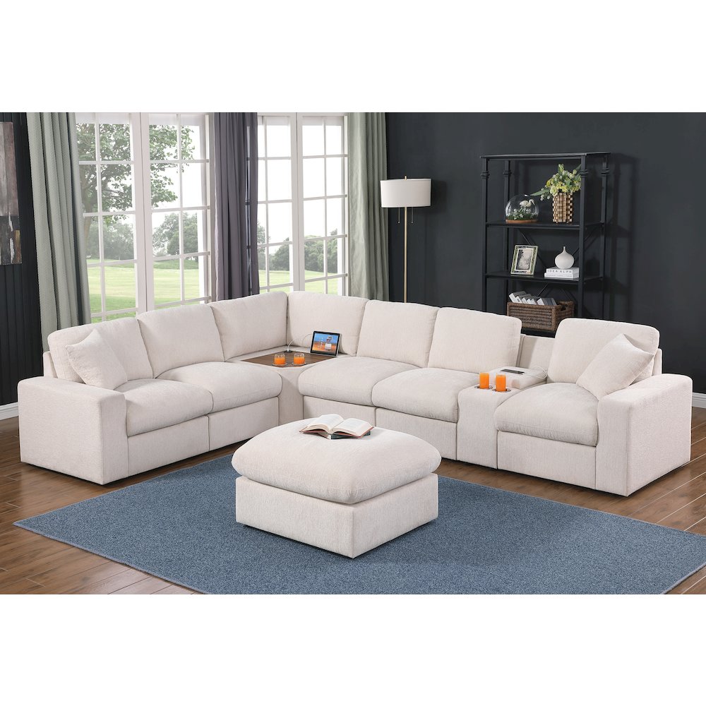 Sectional Sofa With Console, Corner Table And Ottoman- Beige Chenille. Picture 1