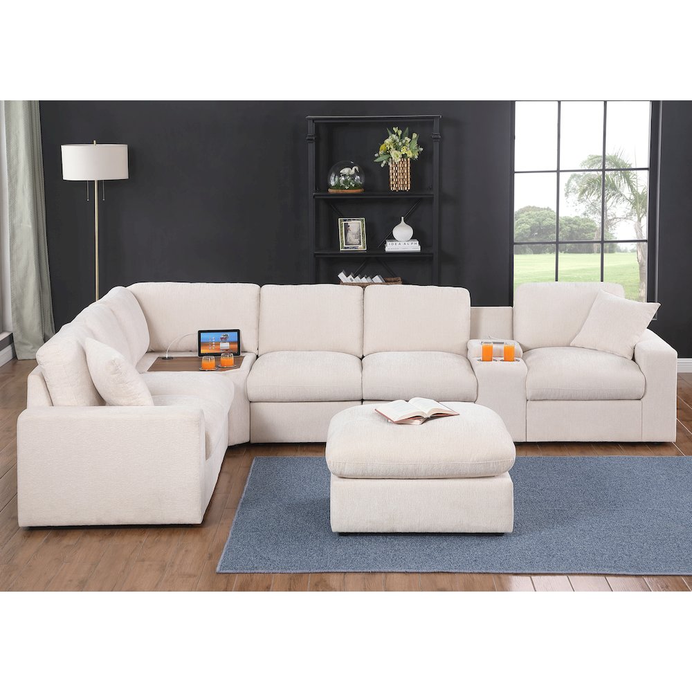 Sectional Sofa With Console, Corner Table And Ottoman- Beige Chenille. Picture 2