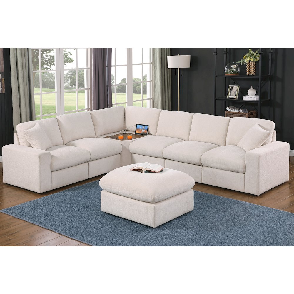 Sectional Sofa With Table Cupholder Console And Ottoman - Beige Chenille. Picture 1