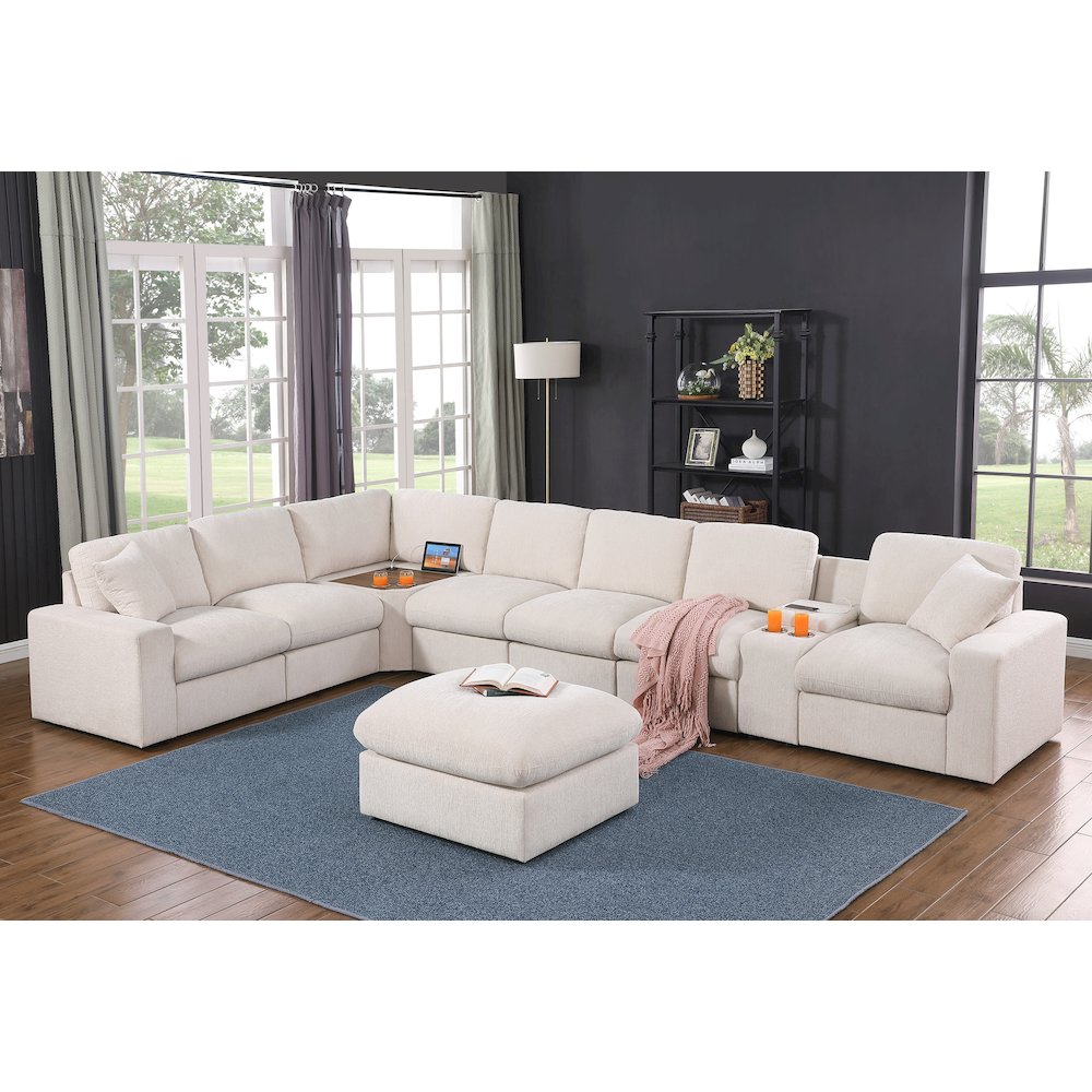 Sectional Sofa With Table Cupholder Console, USB Port Ottoman - Beige Chenille. Picture 3