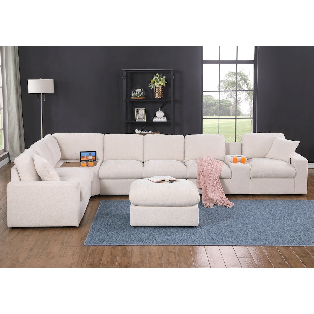 Sectional Sofa With Table Cupholder Console, USB Port Ottoman - Beige Chenille. Picture 2