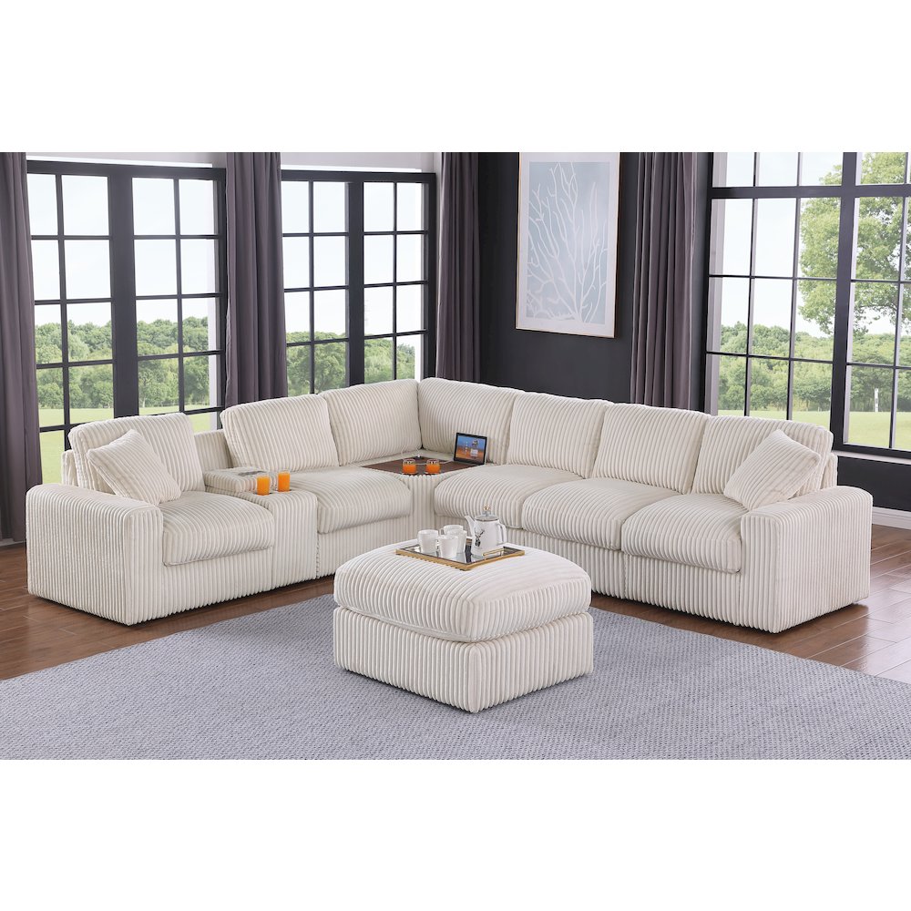 Sectional Sofa Cupholder Console, Corner Table And Ottoman- Beige Polyester. Picture 3