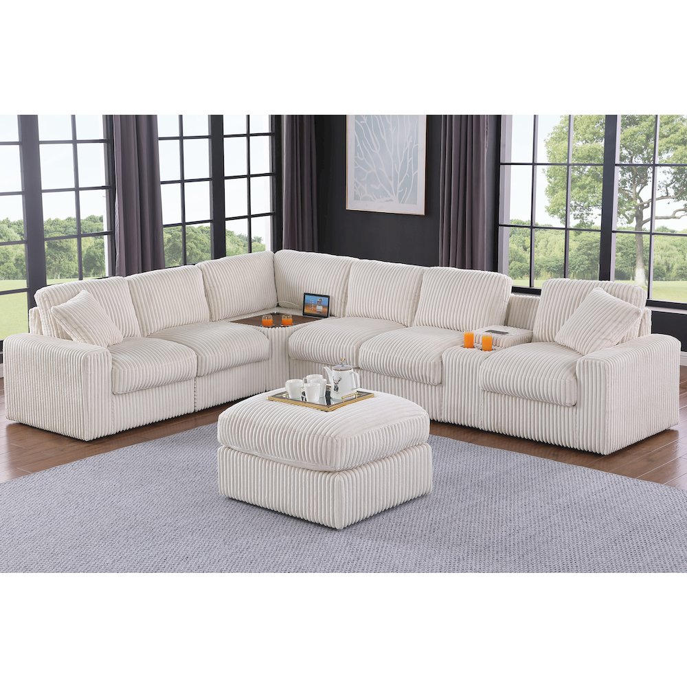 Sectional Sofa Cupholder Console, Corner Table And Ottoman- Beige Polyester. Picture 1