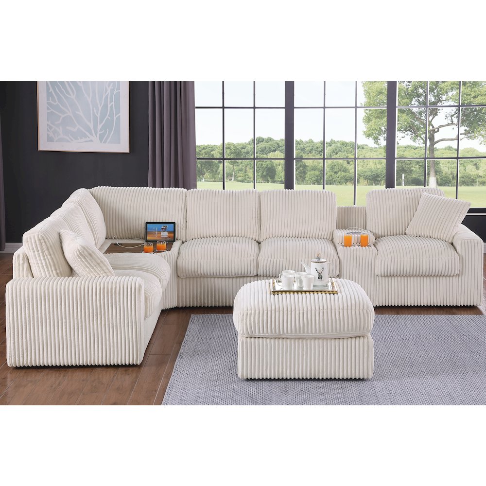 Sectional Sofa Cupholder Console, Corner Table And Ottoman- Beige Polyester. Picture 2