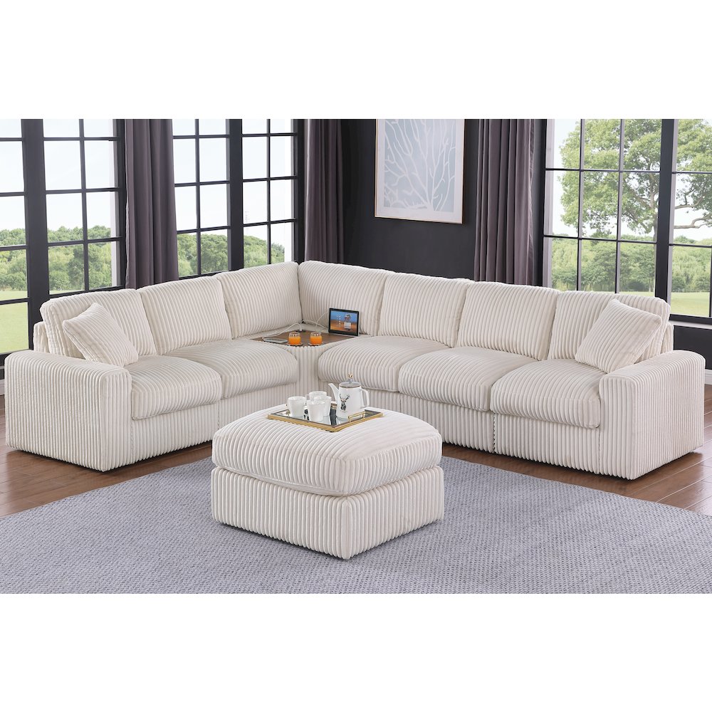 Sectional Sofa With Table Cupholder Console And Ottoman - Beige Polyester. Picture 1