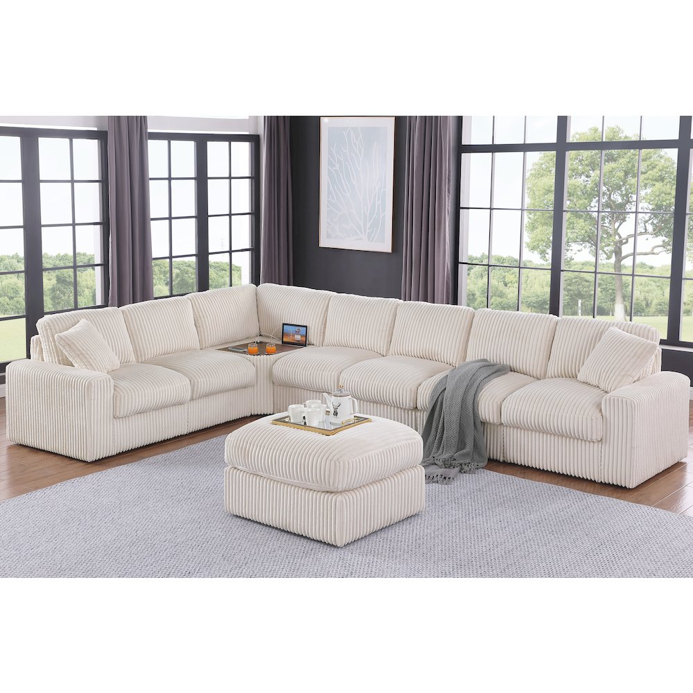 Sectional Sofa With Table Cupholder Console, USB Port Ottoman - Beige Polyester. Picture 2
