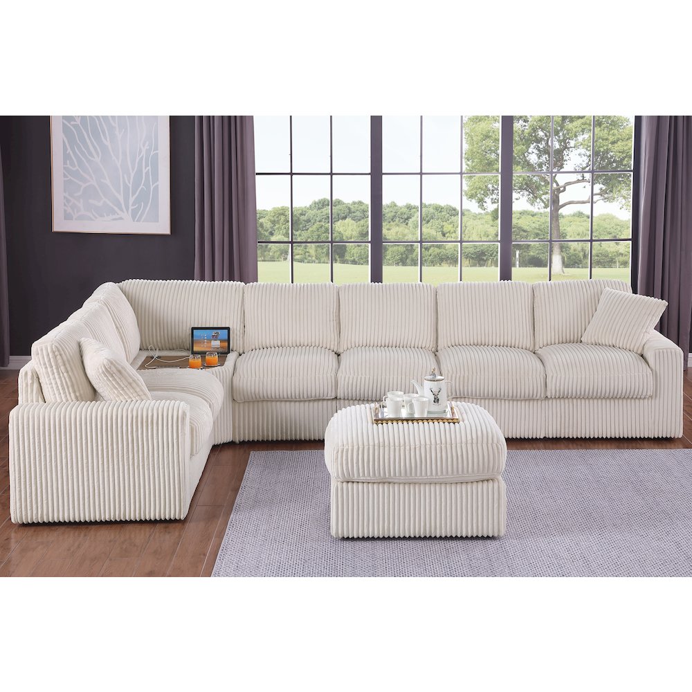 Sectional Sofa With Table Cupholder Console, USB Port Ottoman - Beige Polyester. Picture 1
