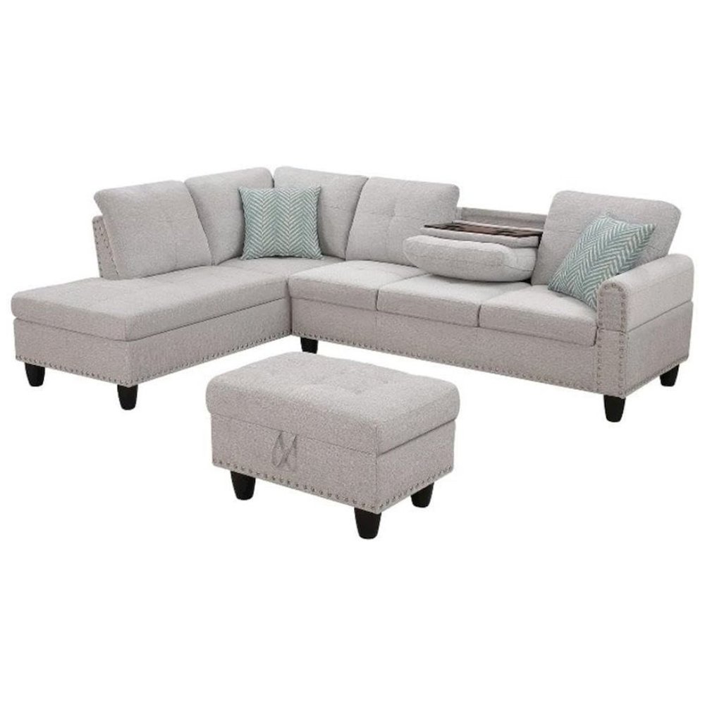 Light Gray Sectional Couch for Living Room With Ottoman, Pillows, Cup Holder. Picture 1