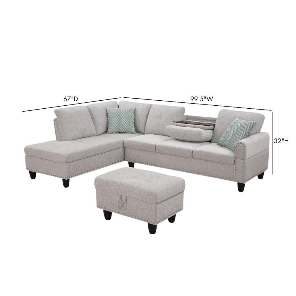 Light Gray Sectional Couch for Living Room With Ottoman, Pillows, Cup Holder. Picture 10