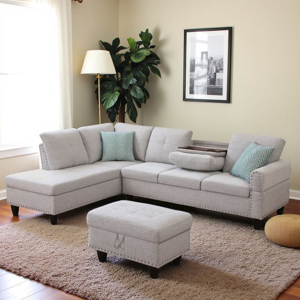 Light Gray Sectional Couch for Living Room With Ottoman, Pillows, Cup Holder. Picture 3