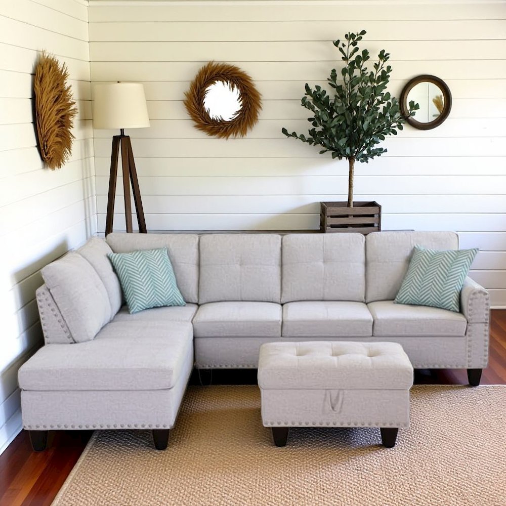 Light Gray Sectional Couch for Living Room With Ottoman, Pillows, Cup Holder. Picture 2