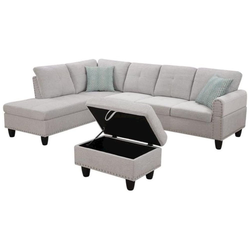Light Gray Sectional Couch for Living Room With Ottoman, Pillows, Cup Holder. Picture 4