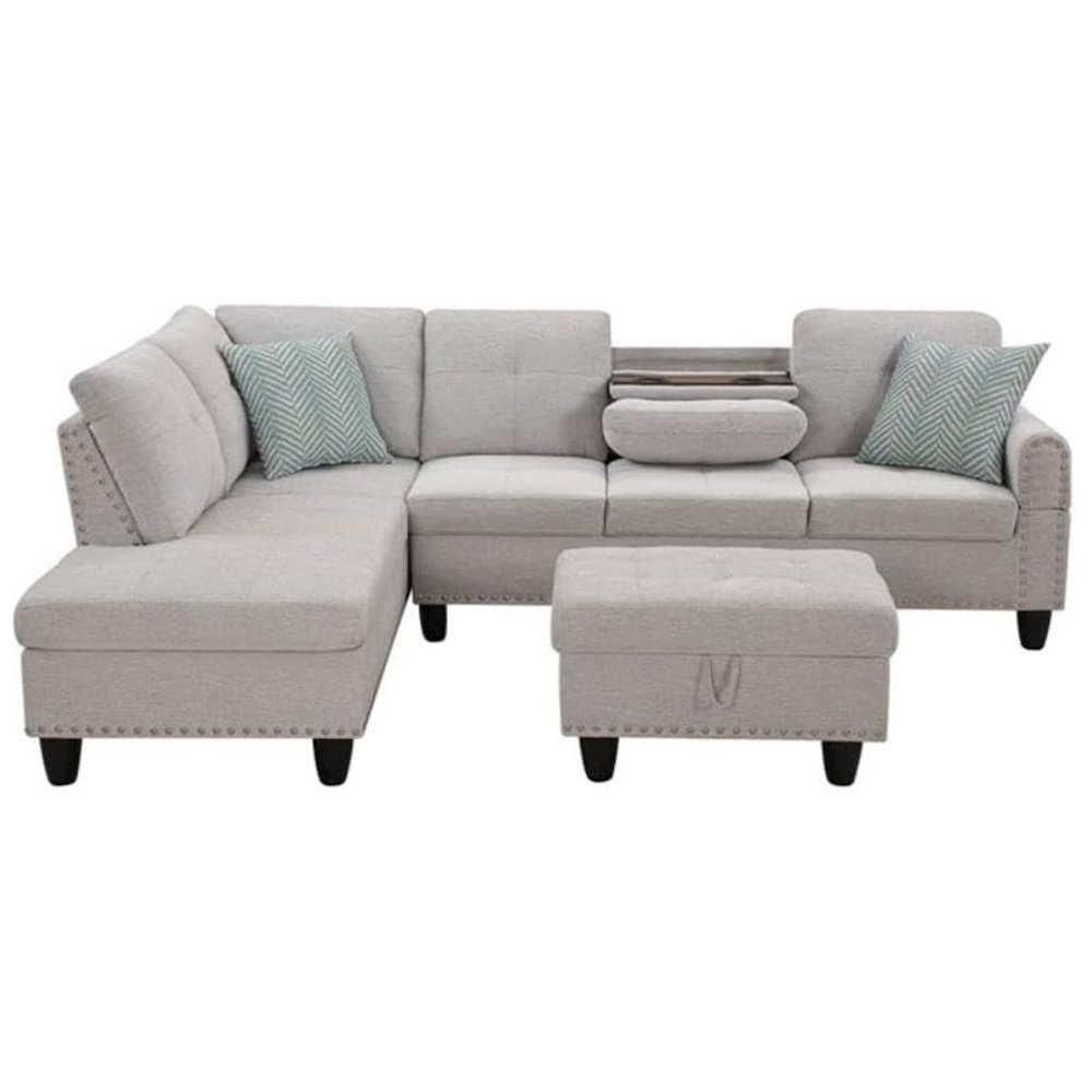 Light Gray Sectional Couch for Living Room With Ottoman, Pillows, Cup Holder. Picture 5